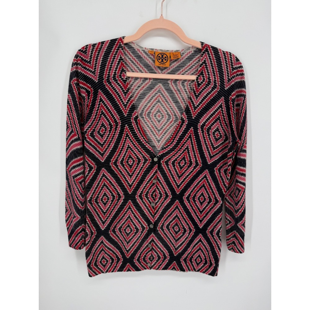 Tory Burch Cardigan Women Medium Red Black Geometric 100 Wool V-Neck Logo Button